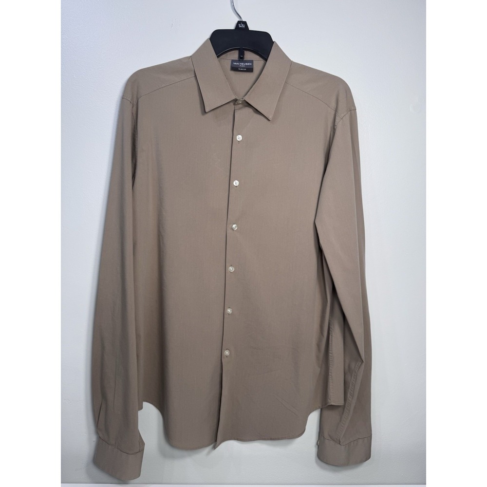 Van Heusen Men's Flex Slim Fit‎ Taupe Long Sleeve Button Shirt 16-16 1/2  36-37